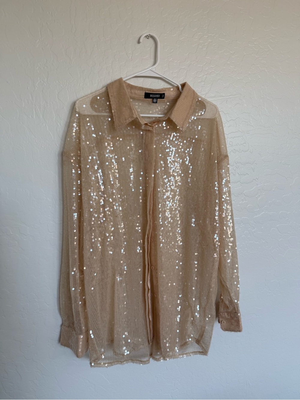 Misguided Sequin Mesh Button-Up Blouse in Champagne Beige